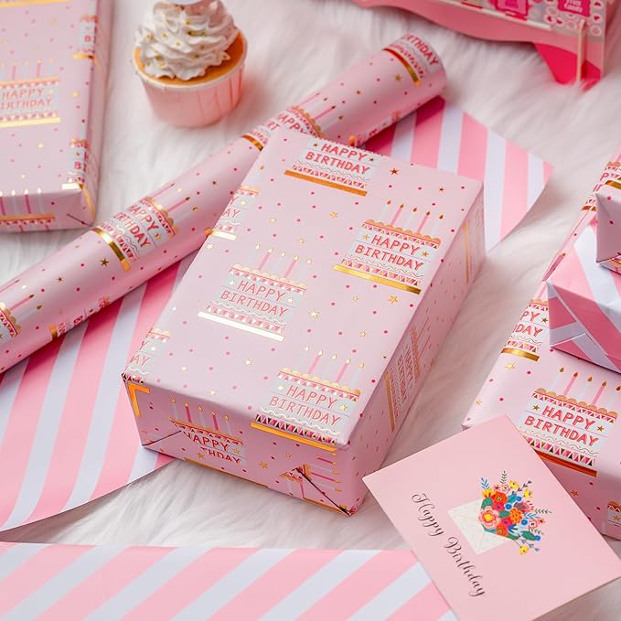 MAYPLUSS Pink Birthday Wrapping Paper Roll - 17 Inch X 33 Feet - Girly Shiny Metallic Pink Birthday Cake Pattern Reversible Gift Wrap Paper Pastel for Girl Baby Shower Wedding Bridal Shower