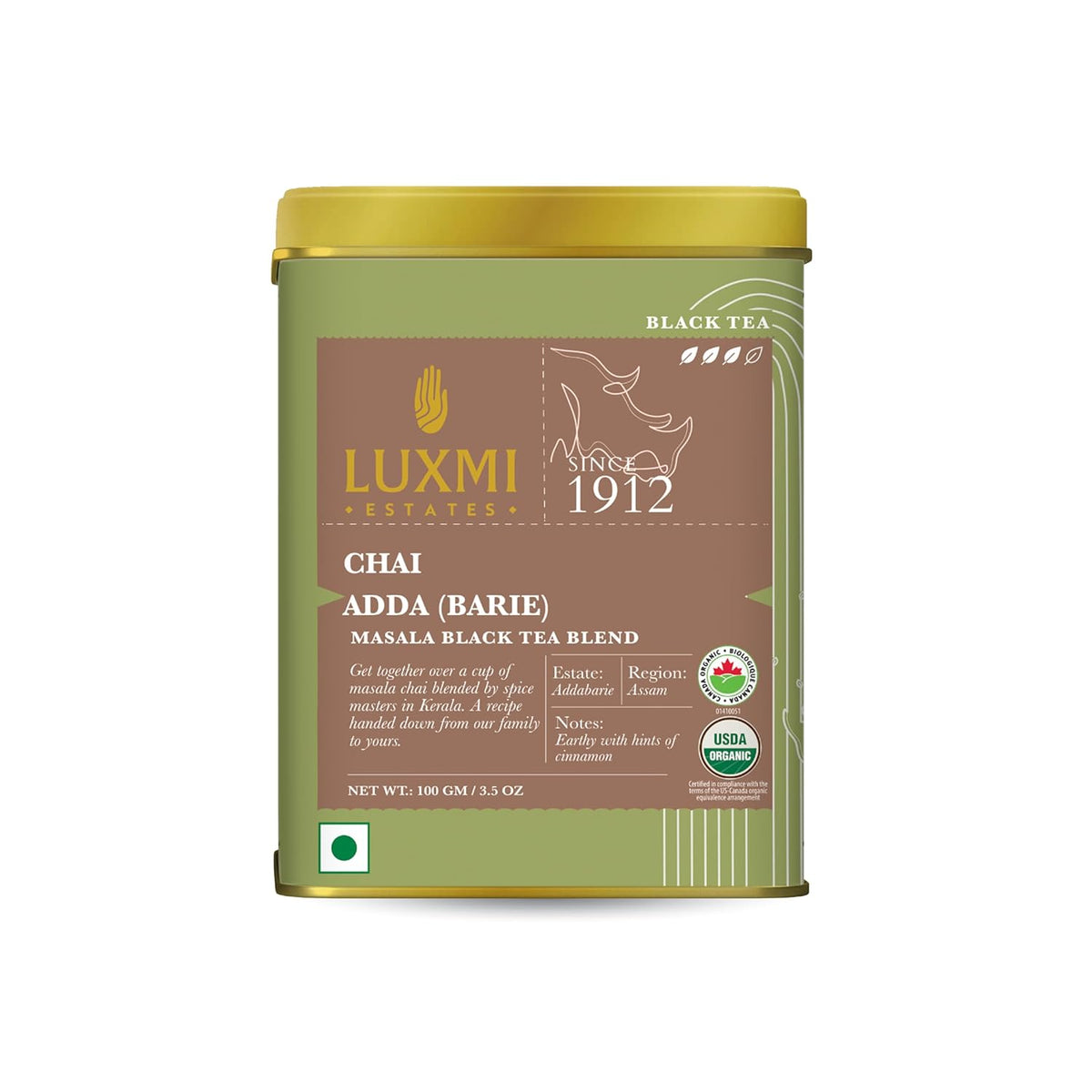 Luxmi Estates Chai Adda-Bari 100gm Tin, Masala Chai, Certified Organic Black Tea