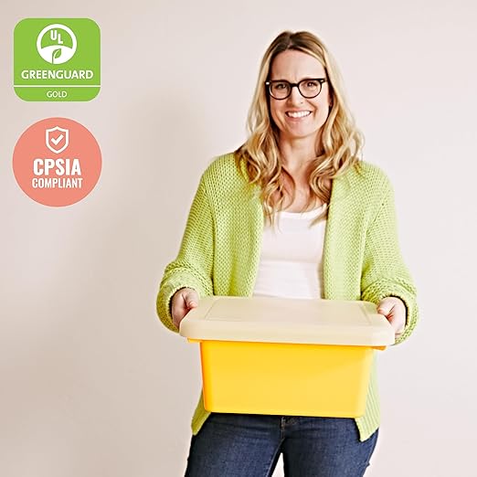 ECR4Kids Stackable Square Bins with Non-Snap Lids, Multipurpose Organization, Yellow, 2-Pack