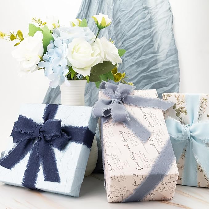 Dark Blue Cotton Ribbon 1 Inch Navy Blue, Dusty Blue & Baby Blue 3 Rolls 21 Yards Frayed Edge Fabric Set for Formal Wedding Decor, Graduation Party, Father's Day, Gift Wrapping & DIY Crafts