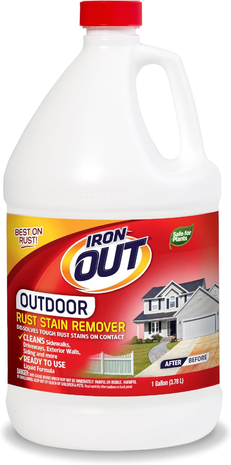 Iron OUT Liquid Rust Stain Remover, Pre-mixed, Quickly Removes Rust Stains from Concrete, Vinyl and Other Outdoor Surfaces, No Scrubbing, Safe to Use, Made in the USA, 1 Gallon
