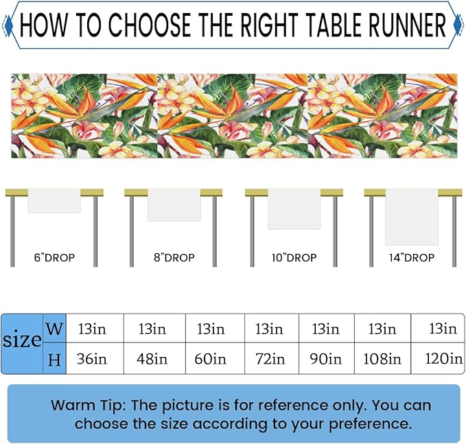 Tropical Exotic Flowers Bird Paradise Table Runner Kitchen Dining Table Runner 13*60in Table Center Decor for Indoor Outdoor Home Holiday Party
