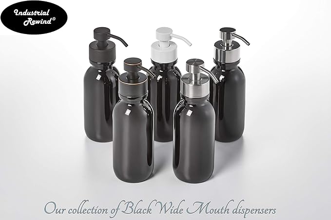 Black Glass Soap Holder for Foaming Soap, Includes Non Slip Bottom and Counter top Protector. 16oz Dispenser for Foaming Bath or Hand Soap by Industrial Rewind® (Black/Chrome)