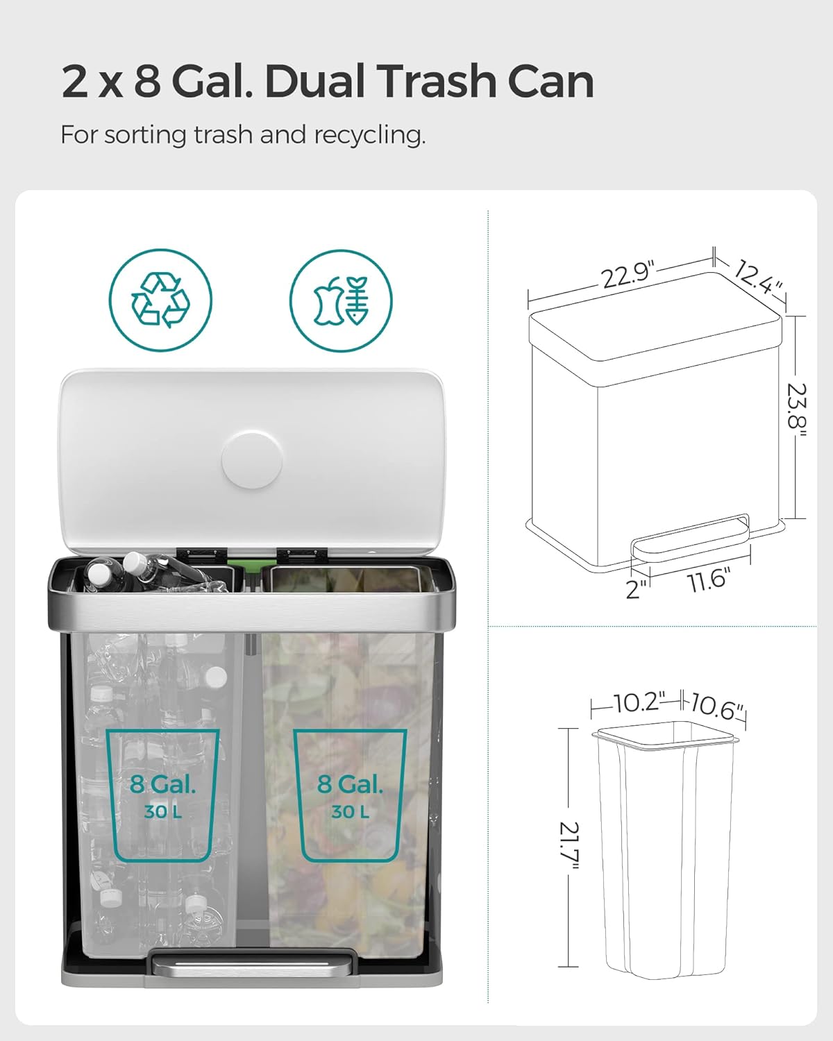 SONGMICS Kitchen Trash Can, 16 Gallon (2 x 8 Gallon) Dual Compartment Garbage Can, 60L Pedal Recycling Bin, Stays Open and Soft Close, Stainless Steel, 15 Bags Included, Cloud White ULTB202W01