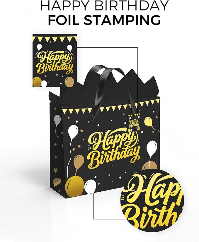 Black Birthday Gift Bag for Men – 12.5 Inch Medium Size with Tissue Paper and Greeting Card – Perfect for Boyfriend, Husband or Dad (1 Piece, Foil Stamping)