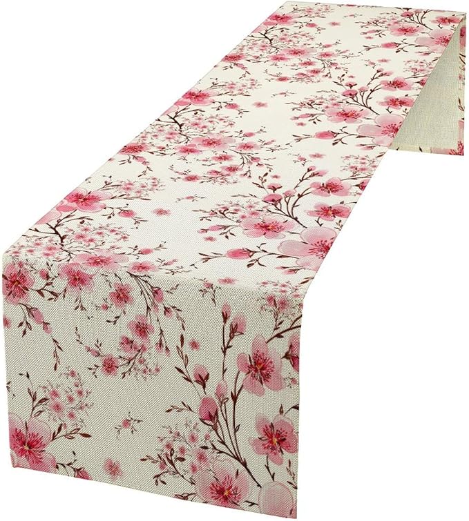 Cherry Flower Table Runner, Seasonal Spring Cherry Blossoms Branches Watercolor Floral Print Table Cover for Kitchen Dining Table Indoor Outdoor Party Decor, 13x90inch