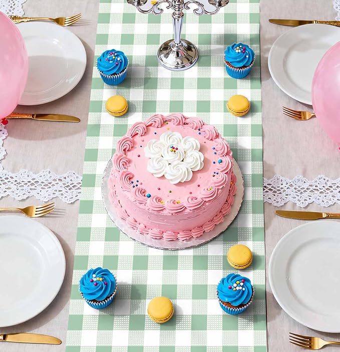 6 Pcs Sage Green and White Checkered Table Runner Plastic 14 x 108 Disposable Sage Green Gingham Table Runner for Birthday Wedding Baby Shower Party Table Centerpiece Decorations