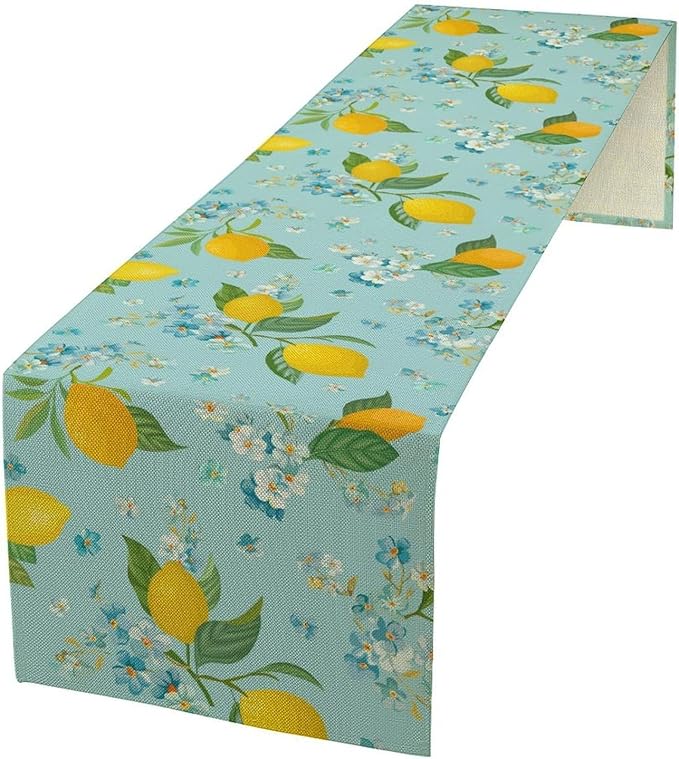 Farmhouse Lemon Fruit Table Runner,Nature Aesthetic Blue Flowers Plant Farmhouse Dining Table Decoration for Home Holiday Party Dresser Kitchen Cabin Restaurant Wedding Decor 13×120in