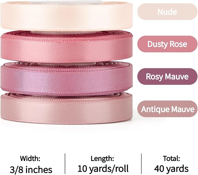 Mauproy 3/8 Inch Dusty Rose Satin Ribbon, 4 Rolls Total 40 Yards, Double Faced Mixed Rose Thin Fabric Ribbon for Gift Wrapping, Flower Bouquets, Wedding, Graduation Decorations