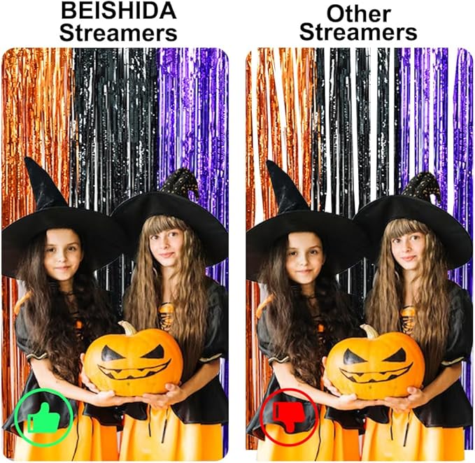 BEISHIDA 3 Pack Tinsel Curtain Party Streamers Backdrop Halloween, Door Streamers Fringe Foil Curtain Backdrop Curtain for Halloween Party Decoration, Orange Black Purple (3.28 ft x 6.56 ft)
