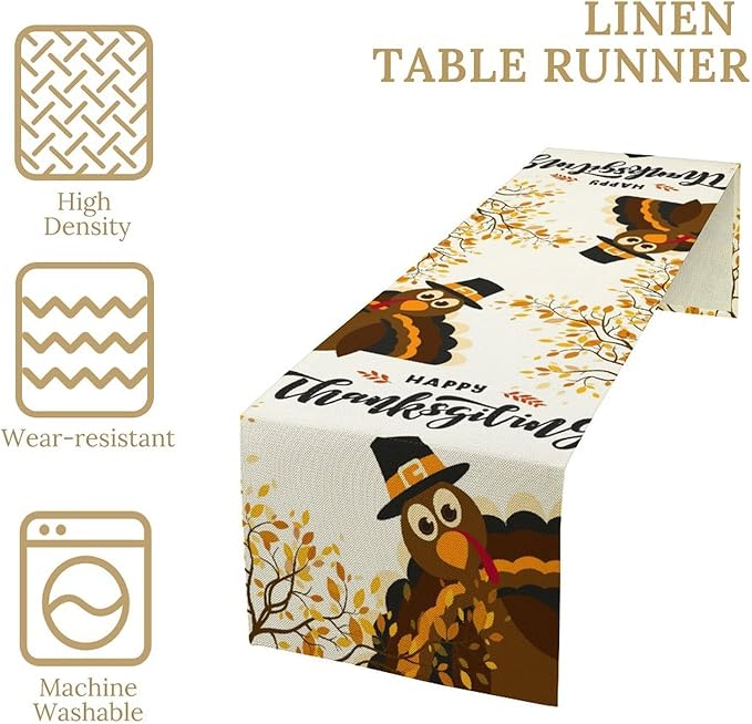 Thanksgiving Turkey Table Runner, Cartoon Turkey Autumn Branch Yellow Leaves Fall Harvest Kitchen Dining Table Decoration for Indoor Outdoor Farmhouse Home Party Decor, 13x36inch