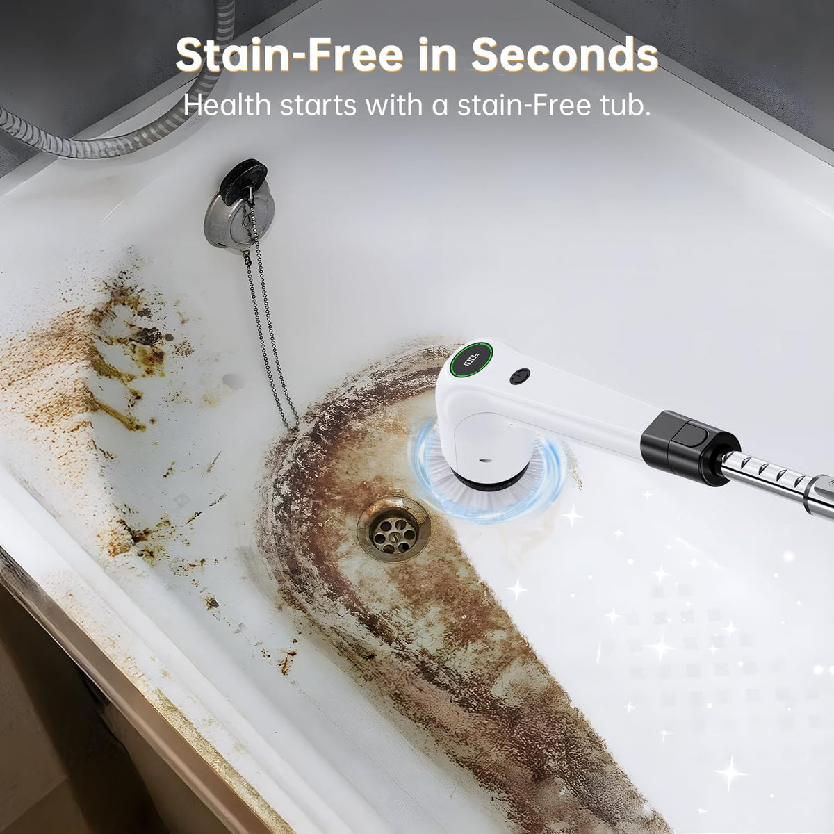 Electric Spin Scrubber, Cordless Shower Scrubber with 8 Scrub Brush, 2 Speed with Adjustable Extension Handle, Battery Level Display