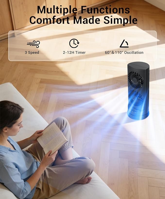 KopBeau Tower Fan for Bedroom, Portable Desk Table Fan with 3 Speeds ＆ 12H Timer,60° & 110° Oscillating Electric Fans that Blow Cold Air,Fast Cooling Fan for Home Office Dorm