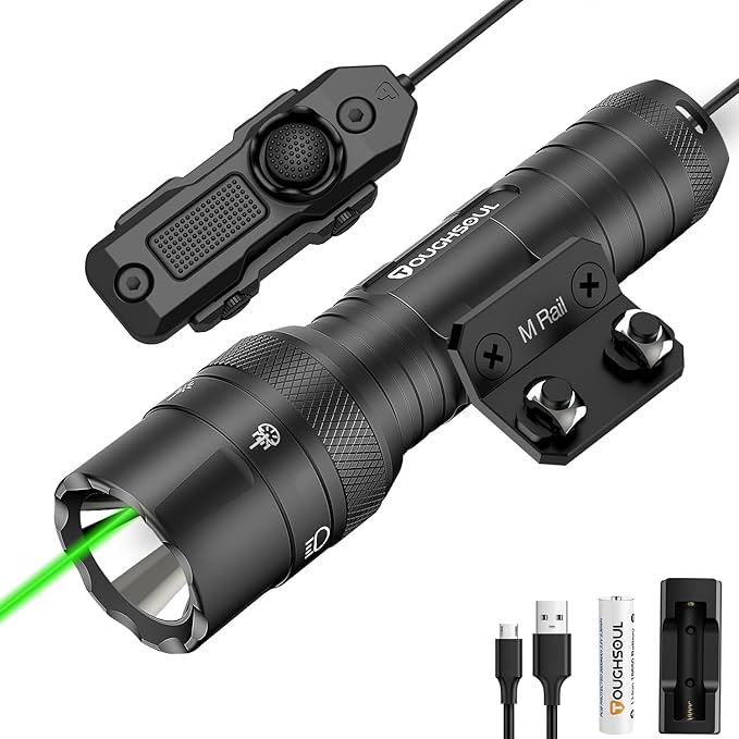 TOUGHSOUL M-Rail Green Laser Tactical Flashlight 1250 Lumens, Rechargeable Flashlight with Remote Pressure Switch LED Light with Rechargeable Batteries and Charger Included (M-Rail-Light+Laser)