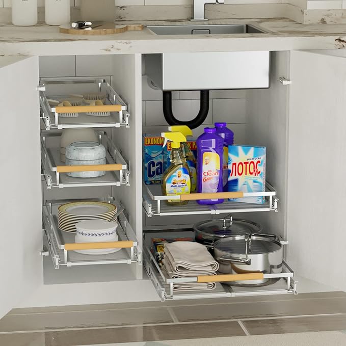 SANNO Expandable Slide Out Shelf Organizer, Pull Out Cabinet Shelves for Under Sink, Pantry & Cupboard, 1 Pack