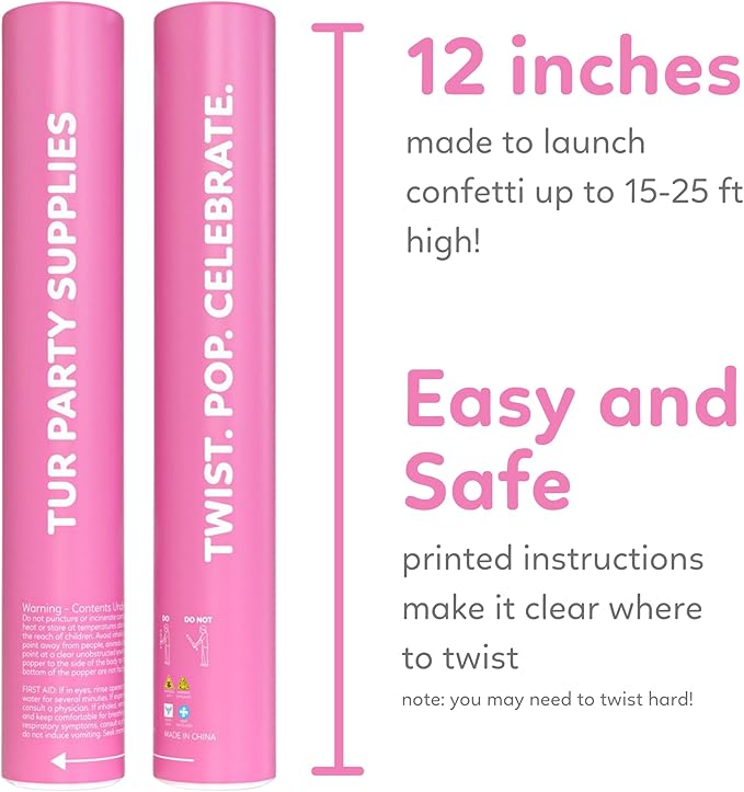 Pink Confetti Cannon Poppers | 2 Pack | Biodegradable Pink Confetti | TUR Party Supplies | Up to 25ft | Giant (12”) | Party Poppers for Graduation, Birthdays, and Bachelorette & Princess Parties