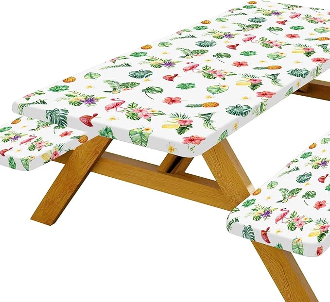 Picnic Table Cover with Bench Covers and Bag, Summer Outdoor Waterproof Windproof Tablecloth with Elastic Edges, Camping Accessories RV Gear Campers 60x30 Inches 3 Pcs Set, White