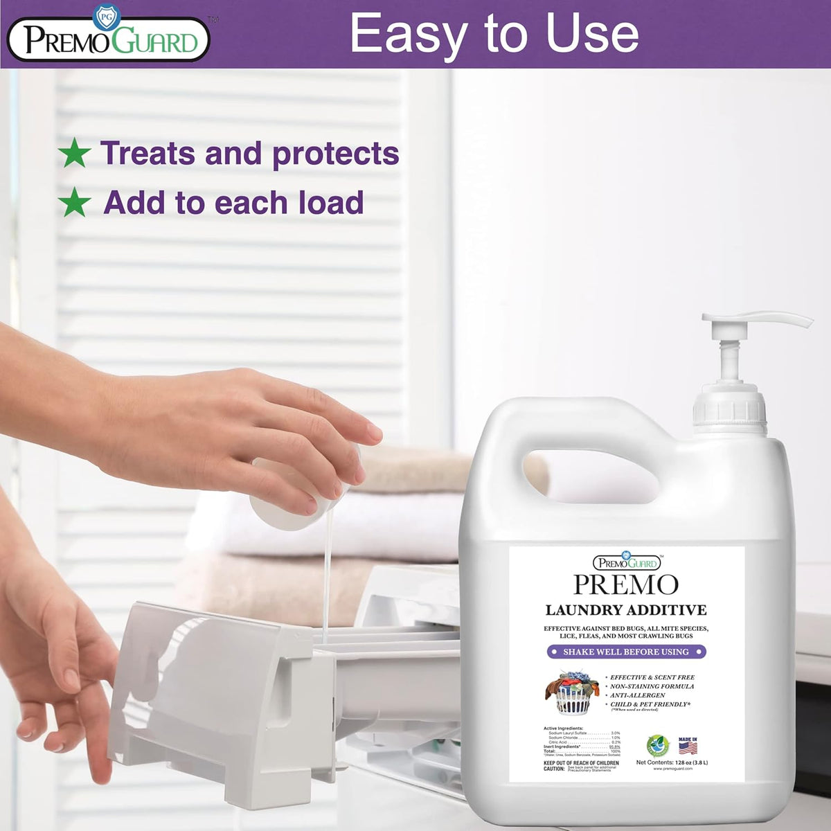 Premo Guard Bed Bug, Mite & Lice Laundry Detergent Additive 64 oz – Child & Pet Friendly – Stain & Odor Free – Best Natural Non-Toxin Treatment