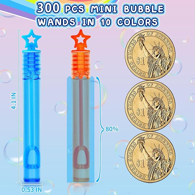 300 Piece Mini Bubble Wands in 10 Colors, Party Favors Bulk for Kids, Themed Birthday, Carnival, Wedding, Classroom Prizes, Summer Outdoor Gifts for Boys Girls, Ideal Goodies Bags Stuffer