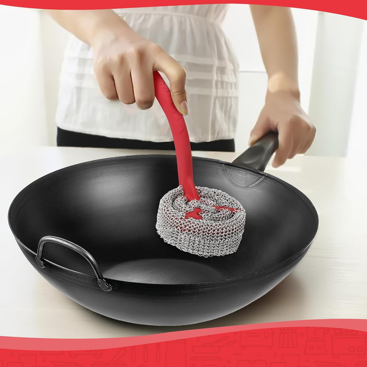 Cast Iron Chainmail Scrubber with Handle （ABS） - Cleaner for Pans and Pots - Premium Stainless Steel/Silicone Scraper for Skillets - Ergonomic Food-Safe Design - Easy to Clean Cookware Dish Brush