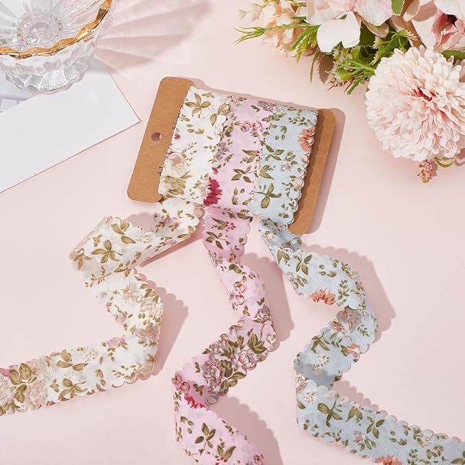 3 Rolls 6 Yards 1 Inch Floral Printed Ribbon Vintage Flower Pattern Wavy Edge Spring Summer Decorative Fabric Ribbons for Sewing Bow Wreath Bouquets Decor Gift Wrapping DIY Craft Supply