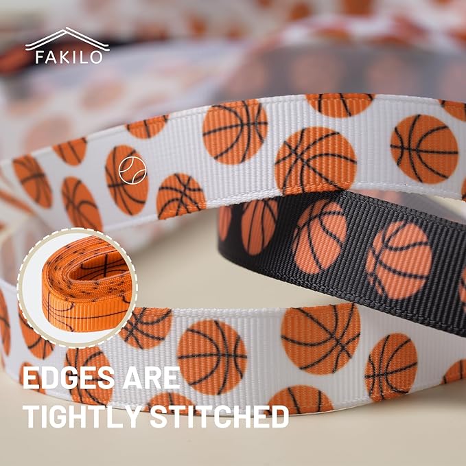 Basketball Ribbons 5 Rolls 20 Yards, 5/8" Cute Basketball Grosgrain Ribbons for Theme Party Decor Gift Wrapping Sewing Crafts Making Hair Tie Cheer Bows and Sport Team Decorations