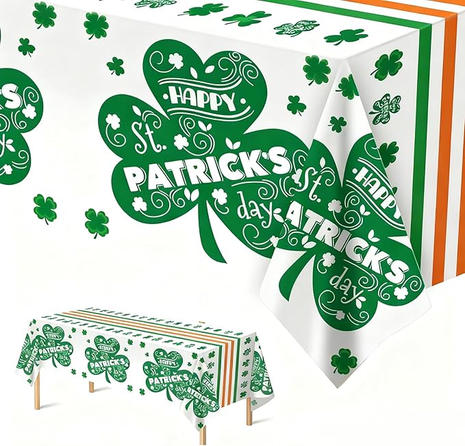 St. Patrick's Day Disposable Plastic Tablecloth 2 Pack, Green Shamrock Party Table Cover 54 x 108 Inch Rectangle, Lucky Irish St Patrick's Day Decorations for Holiday Party Supplies