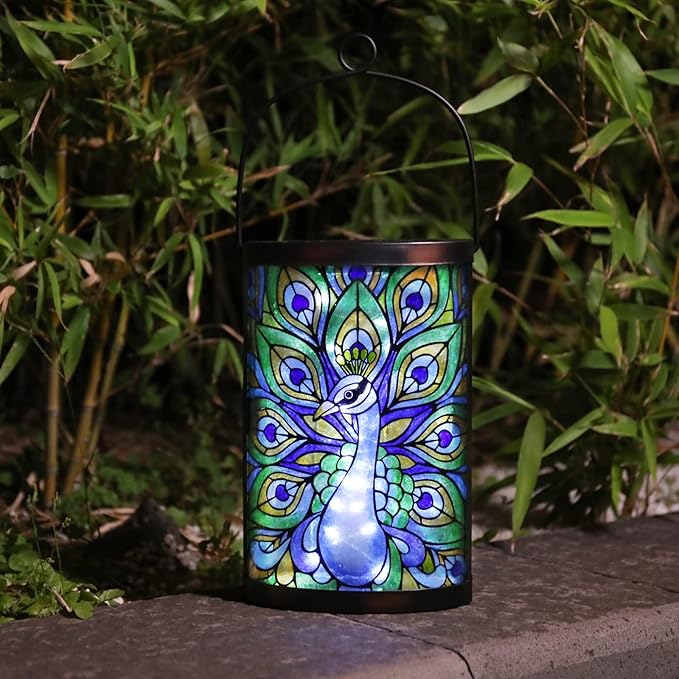 Afirst Solar Lantern Outdoor, Hanging Glass Peacock Solar Lights Waterproof Led Lamp for Garden Yard Tree Desk Decor