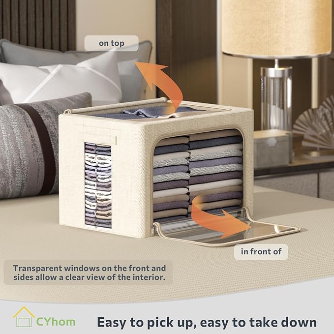 CYhom 3Pack Foldable Storage Bins - Frame Storage Box Linen Fabric Stackable Clothes Container Organizer with Clear Window & Carry Handles Large Capacity (Extra Large-100L, Beige)
