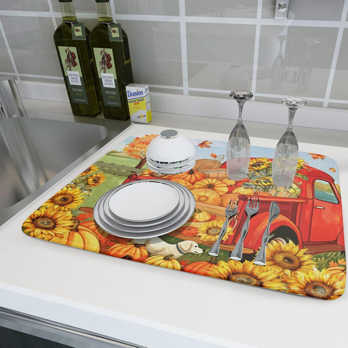 Autumn Pumpkin Red Truck Dish Drying Mat for Kitchen Counter,Fall Leaves Sunflower Cue Dog Harvest Drying Mat 18 x 24 Inch Microfiber Dish Drying Pad