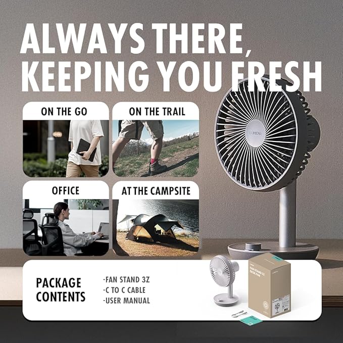 LUMENA Fan Stand 3Z - Portable Oscillating Desk Fan | 4-Speed Rechargeable 4000mAh Battery, Auto Swing, Timer, Sleek Matte Design for Home or Office (White)