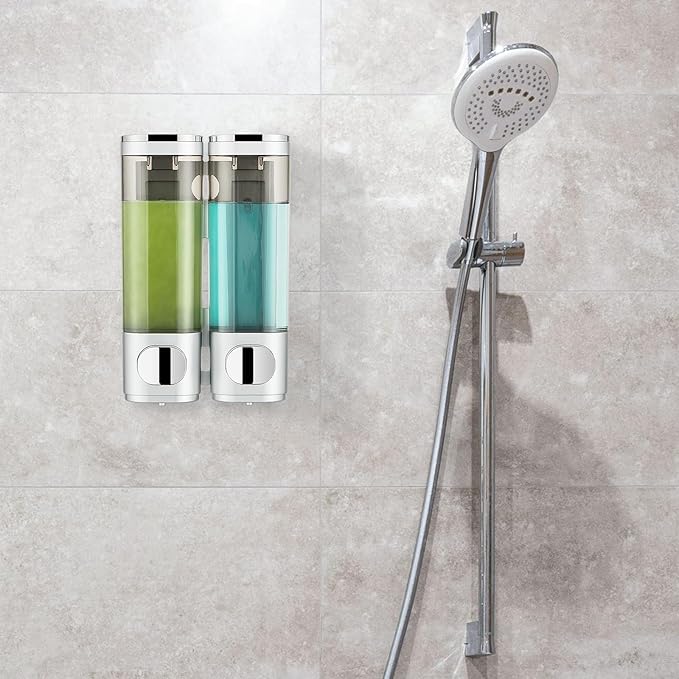 Pollock Shower Dispenser 2 Chamber No Drill Shampoo and Conditioner Dispenser for Bathroom, Large Capacity, Silver