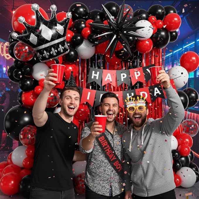 Red and Black Birthday Party Decorations 152Pcs, Red Black White Balloons Arch Kit with Banner Fringe Curtains for 16th 18th 21st 24th 32th 40th 50th 60th Birthday Decorations for Men