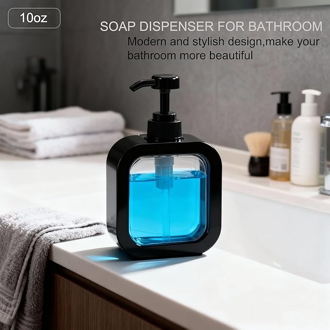 10oz Soap Dispenser, Plastic Hand Soap Dispenser for Bathroom & Kitchen, Waterproof Black Clear Soap Pump Bottle, BPA Free Leak Proof Refillable Lotion Dispenser