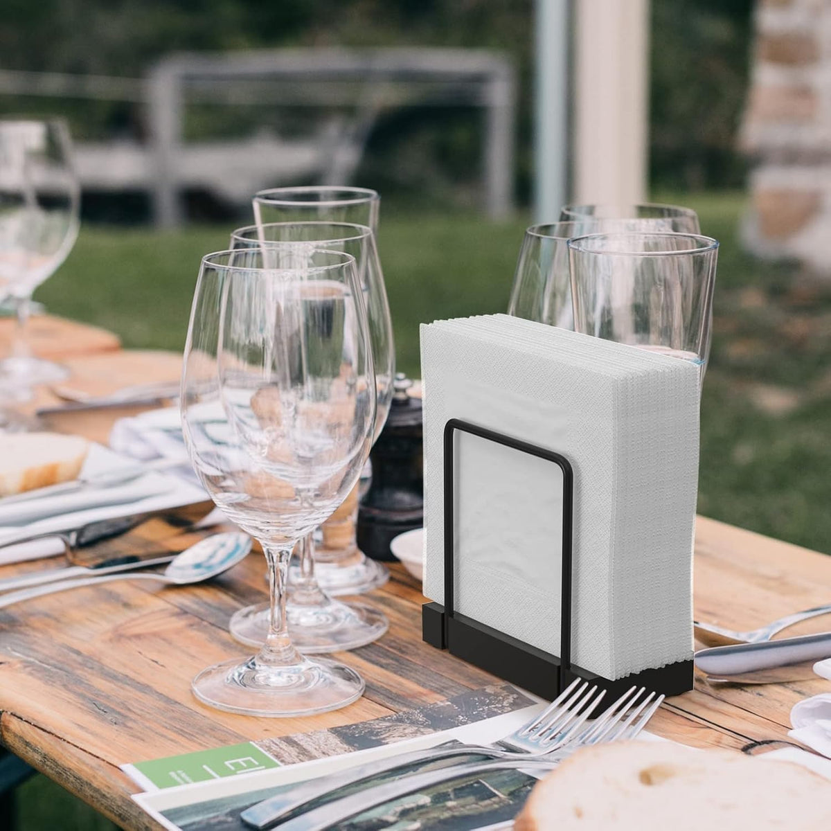 Wican Napkin Holder for Table, Bamboo Iron Standing Napkin Dispenser for Kitchen Dining Farmhouse Cocktail Picnic Bar Rustic Wood Holders for Paper