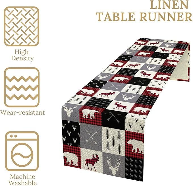 Farmhouse Bear Deer Table Runner, Retro Rustic Village Buffalo Plaid Table Runner for Coffee Table Dining Room Table Bedroom Party Holiday 13x36in