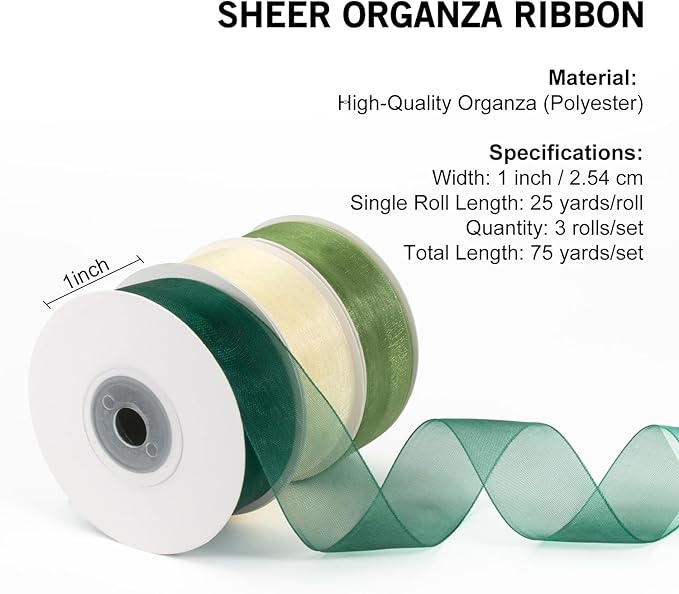 Sheer Organza Ribbon - Cream & Emerald Green, 1 Inch x 75 Yds - Clear Tulle for Gift Wrapping, Wedding, Christmas, Flowers & Crafts