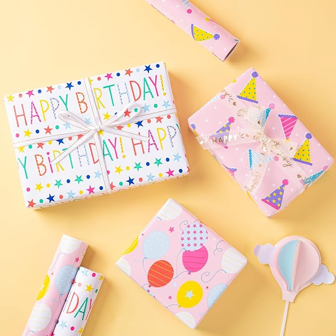 LeZakaa Birthday Wrapping Paper Roll - Mini Roll - Ice Cream/Ballon/ “Happy Birthday Lettering for Gift Wrap, DIY Craft - 17 x 120 inches - 3 Rolls (42.5 sq.ft.ttl.)
