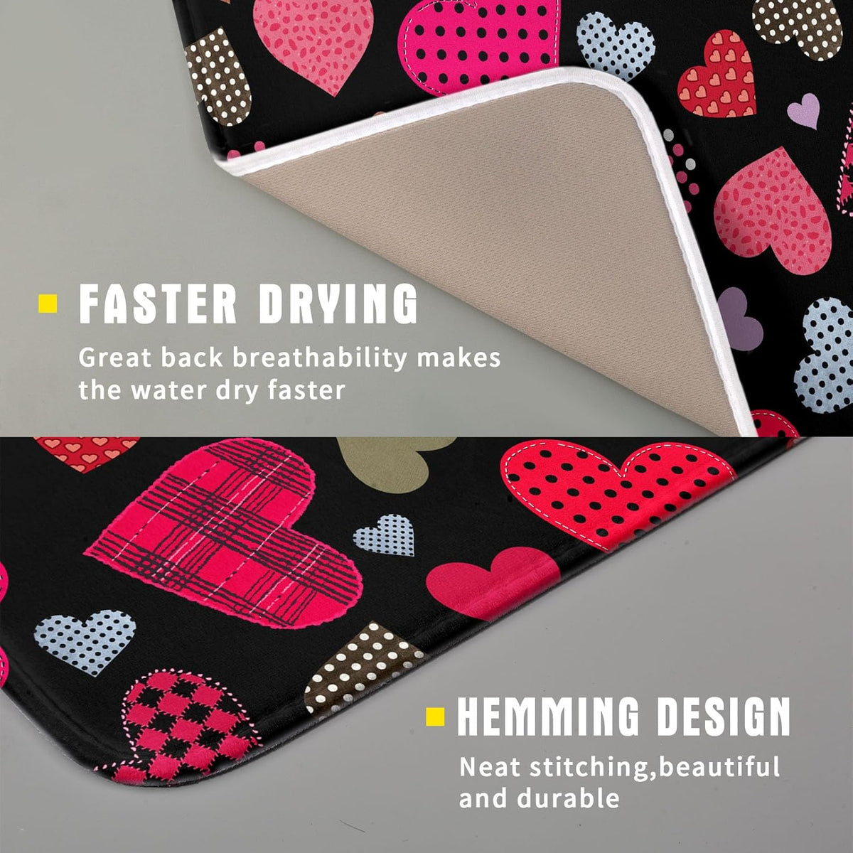 Happy Valentine's Day Black Dish Drying Mat for Kitchen Counter,Pink Love Heart Drying Mat 16 x 18 Inch with High Absorbent Microfiber Drainer Mat