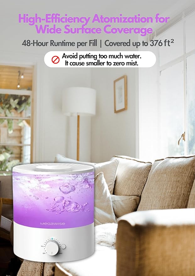 Megawise Cool Mist Humidifiers for Bedroom, 2L Tank Ultra-Quiet Humidifier for Large Room, 40H Runtime with 7 Color Ambient Light, Auto Shut-Off Protection