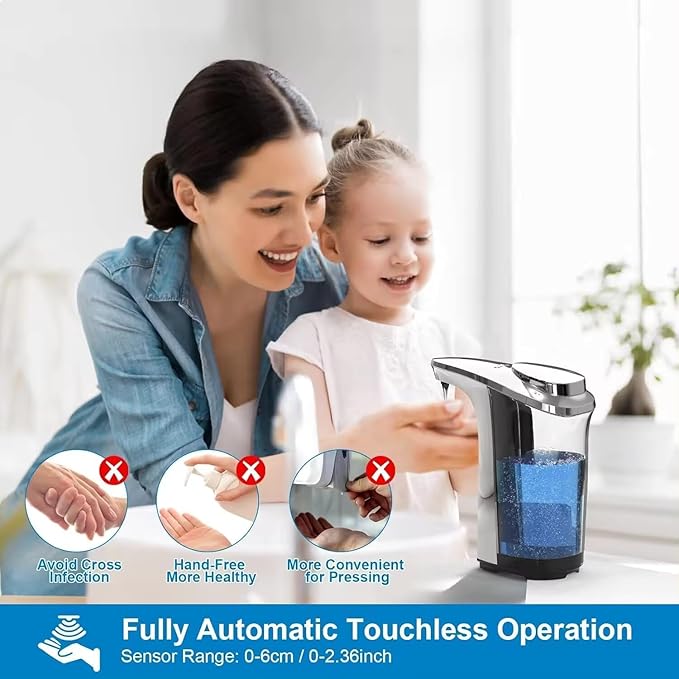 Automatic Soap Dispenser, Touchless Dish Soap Dispenser 17oz/500ml with USB Rechargeable Battery Infrared Sensor, 5 Adjustable Soap Levels, Liquid Hand Soap Dispenser (Silver, 17oz/500ml)