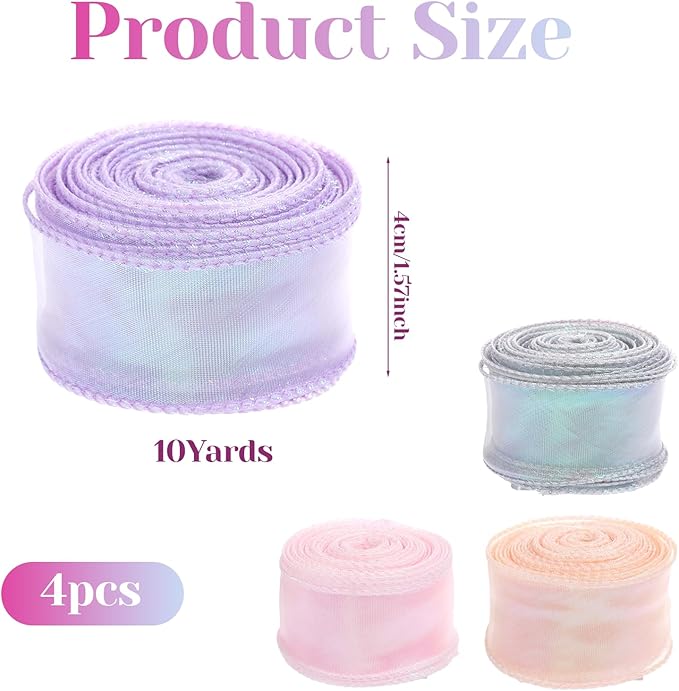 4 Rolls Iridescent Organza Ribbon Sheer 4 Colour Organza Ribbon, Sheer Easter Craft Decorative Ribbons 10 Yards Wired Chiffon Ribbons for Flowers Floral Bouquets Garlands Wedding Gift Wrapping Hair