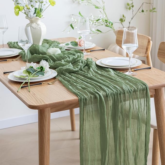 Asee'm Cheesecloth Table Runner 120 Inches Sage Green Boho Gauze Cheese Cloth Runner 10FT Rustic Sheer Table Runners for Spring Easter Wedding Baby Shower Holiday Party Decoration