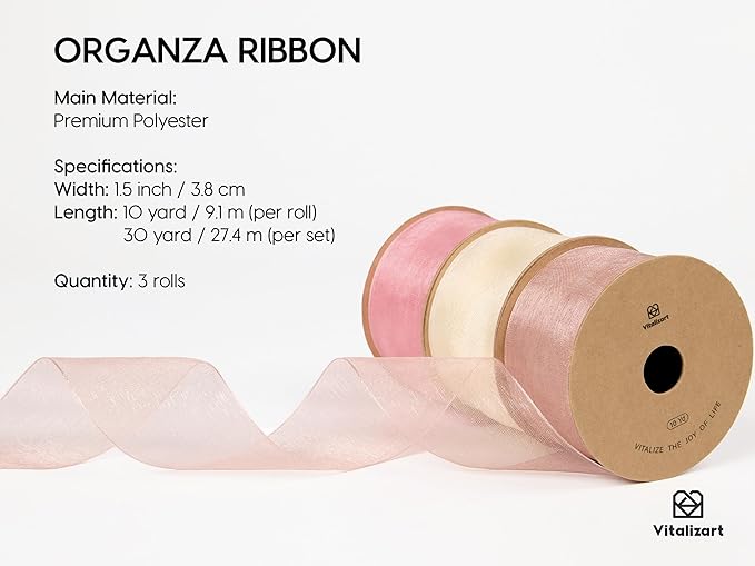 Vitalizart Organza Ribbon 1.5" x 30 Yd Pink Rose Gold & Cream White Sheer Ribbons for Gift Wrapping Crafts Christmas Wreaths Bows Party Decor Wedding Bouquet