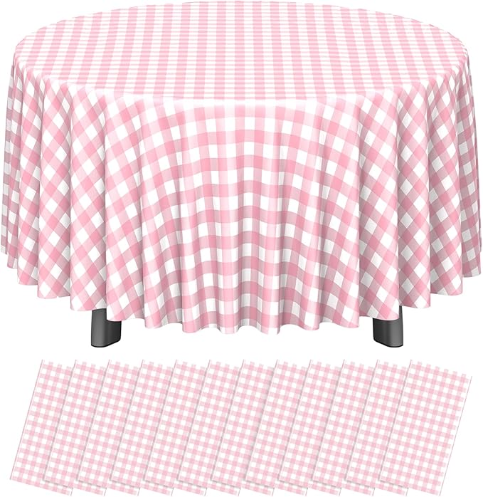 12 Pack Pink Gingham Tablecloth Round, Premium Decorative Disposable Pink and White Checkered Plaid Table Cloths for Parties, Round Party Table Cover for Picnic Farm Birthday Wedding Festivals, 84Inch