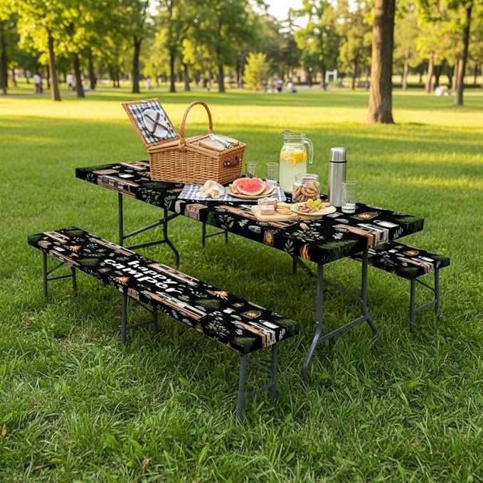 JAWO Picnic Table Cover with Bench Covers, Happy Camper Tablecloth,RV Plants Bonfire Black Rectangle Tablecloth for Indoor Outdoor Patio, 60x30 Inch
