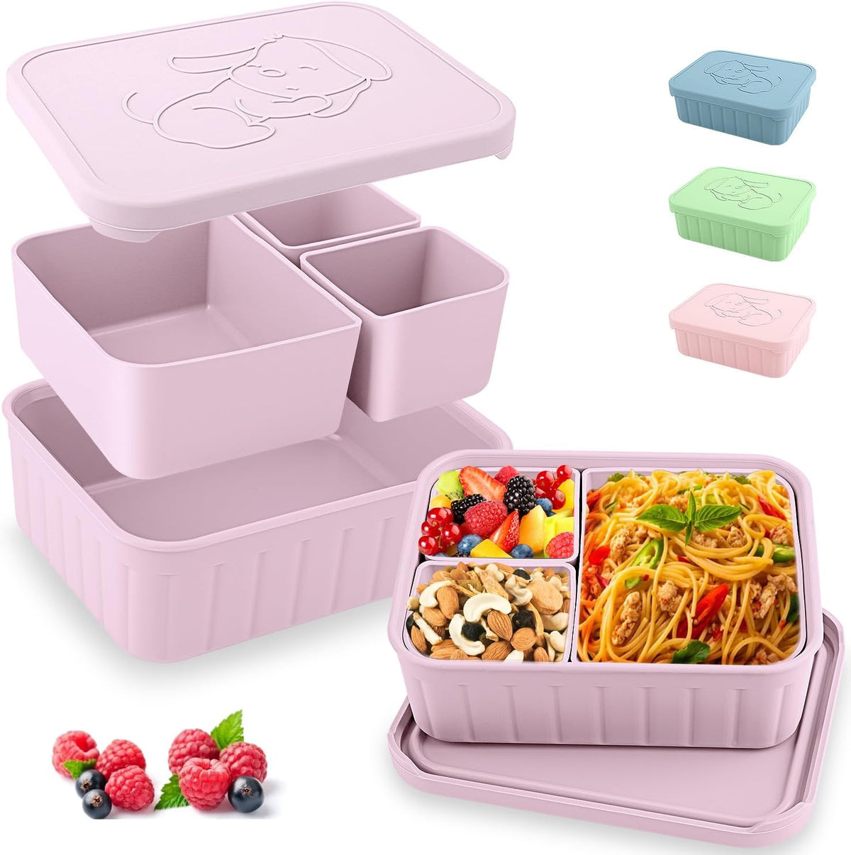 Bento Lunch Box for Kids-Reusable Silicone Kids Bento Box Lunch Container Leakproof Lunchbox Meal Prep Food Storage Containers with 3 Removable Compartments–Dishwasher Safe/BPA Free/Portion Control