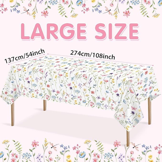 Homanu 1 Pack Wildflower Party Decorations Tablecloths, Large Size 54 X 108 Inch Rectangle Floral Tablecloth Plastic Table Cover for Birthday Party Baby Shower Decorations