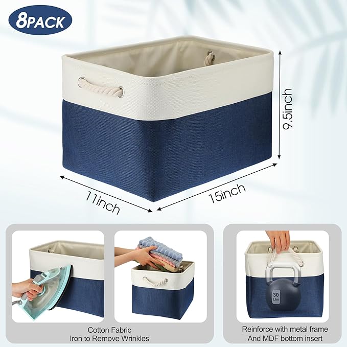 meekoo 8 Pack Collapsible Storage Bins Fabric Storage Bins Polyester Fabric Baskets with Handles Linen Closet Organizer for Shelf Home Closet Towels Toys(15 x 11 x 9.5 in,Blue White)