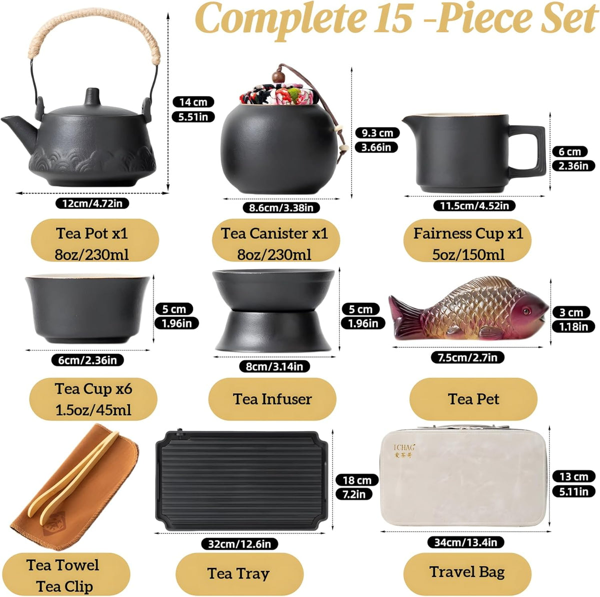 Ichag Japanese Tea Set, Chinese Tea Sets for Adults, 15-Piece Porcelain Gongfu Tea Set with Tea Pet & Tea Tray, Japanese Teapot Set